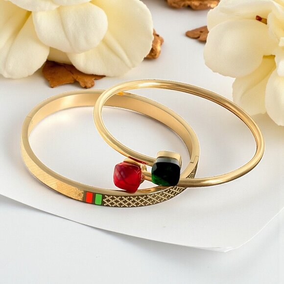 🆕 2-Piece Gold Plated Stainless Steel Cuff & Bangle Set With Rhinestone Charms - Picture 1 of 13